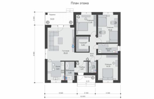 Одноэтажный дом с террасой, 3 спальнями и отделкой штукатуркой